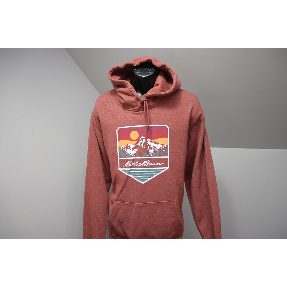 Eddie Bauer Hoodie Mens XXL Rust Orange Mountain Sunset Graphic Pullover EUC